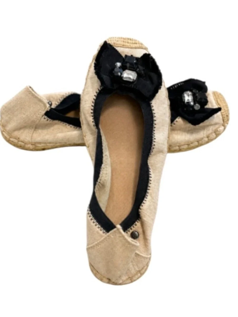 Simply Vera Vera Wang Ethel Espadrille Flats Tan & Black Bow Rhinestone Size 8.5